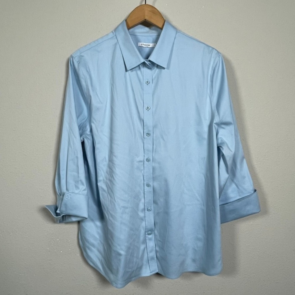 Chico's Button Down Shirt Women 3 XL Blue Cotton Blend Stretch Career Workwear
